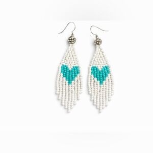 NEW Fringe Beaded White and Teal Earrings